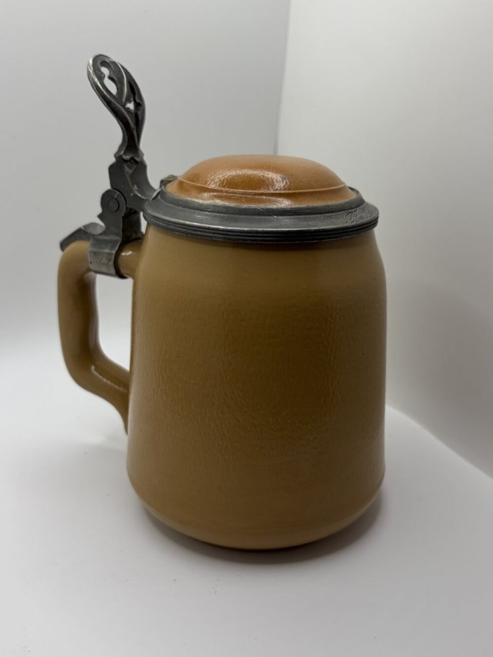 Vintage German Stoneware Beer Stein Tan with Pewter Lid